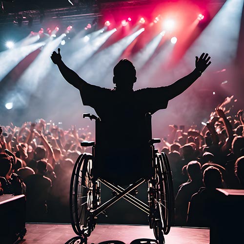 Accessibilità disabili e concerti: disabile in carrozzina che si diverte a un concerto